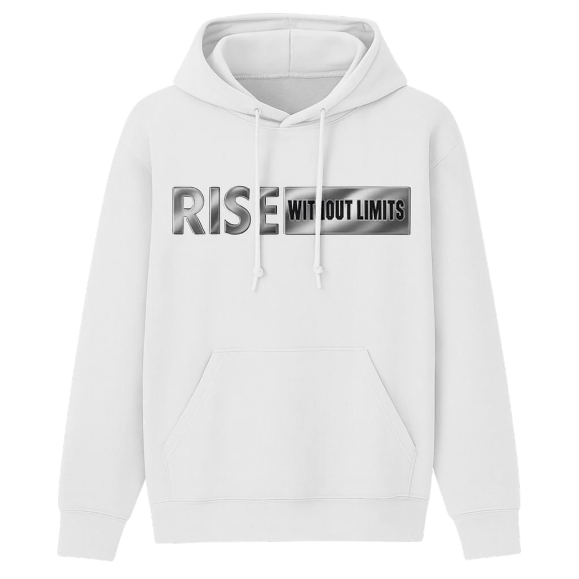 White Steel Rise Hoodie featuring metallic silver Rise Without Limits typography across the front.