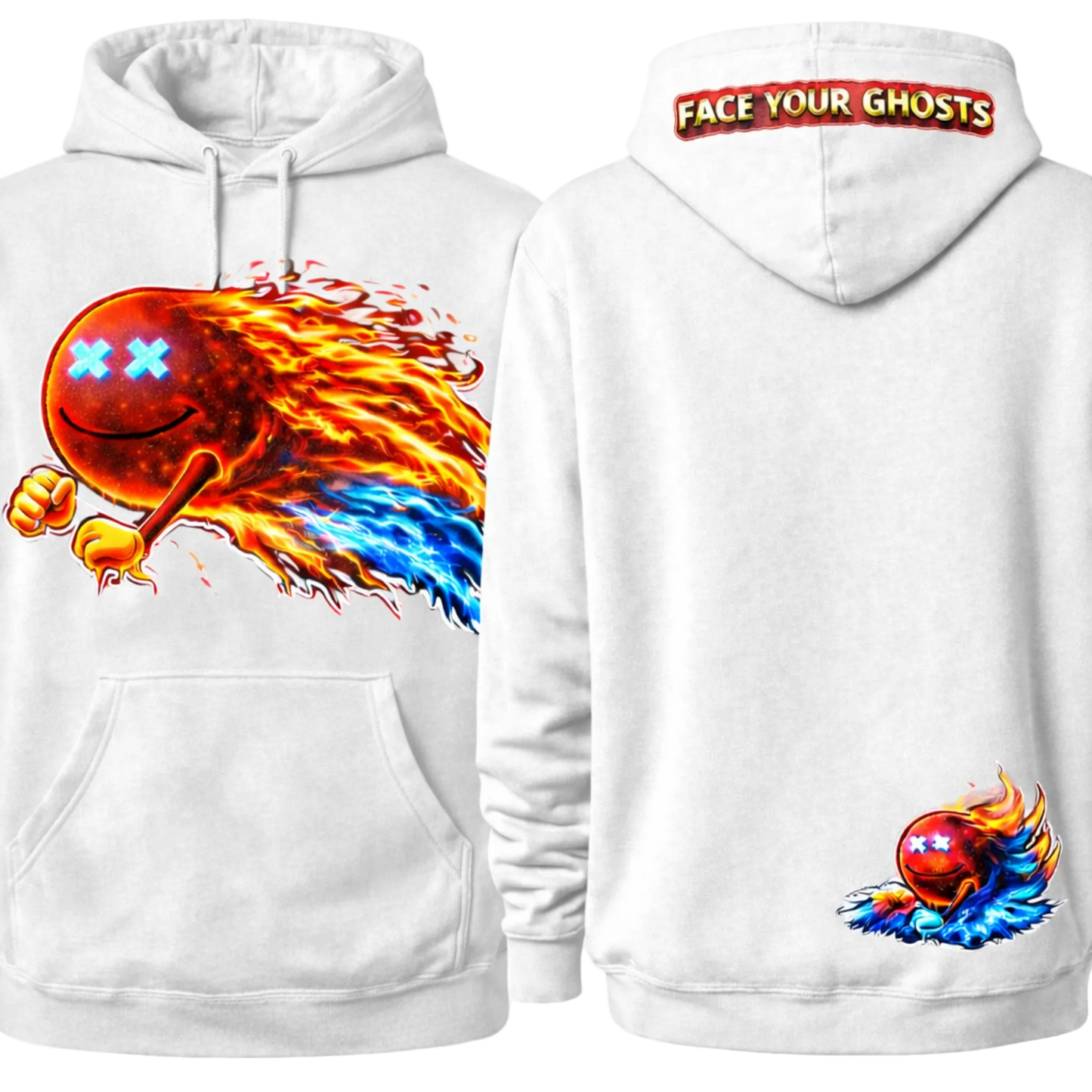 White hoodie with a fiery ghost design on the front and 'Face Your Ghosts' text on the back.
