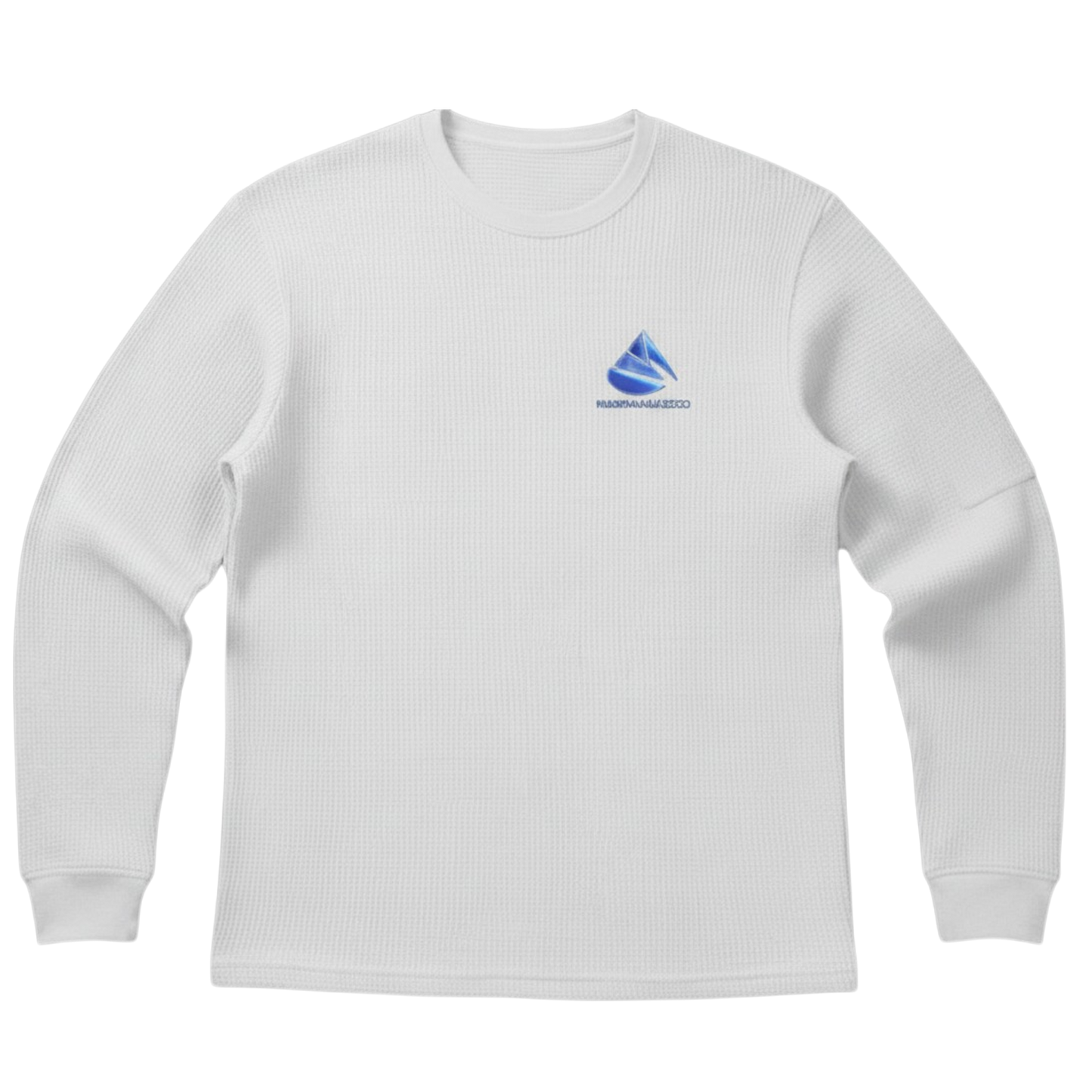 White long-sleeve shirt with a blue logo on a white background
