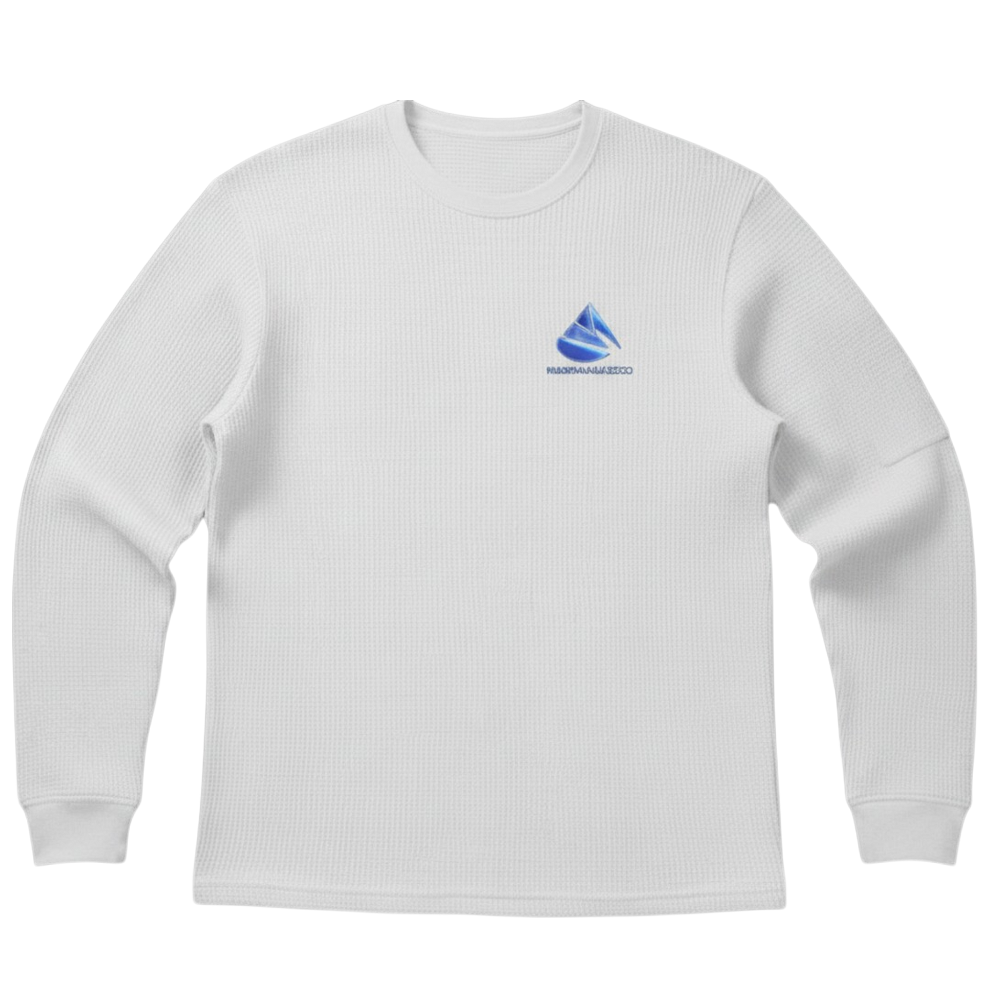 White long-sleeve shirt with a blue logo on a white background