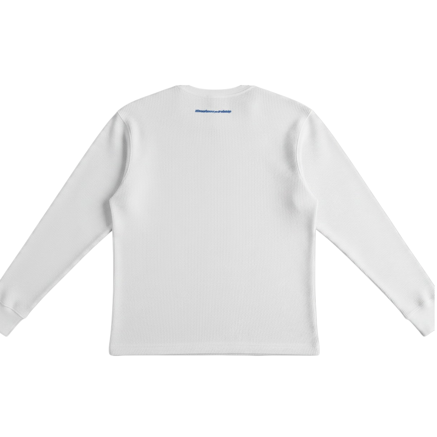 White Northwind Long Sleeve thermal shirt featuring a minimalist icy blue Infinite Ascent chest logo and waffle-knit texture.