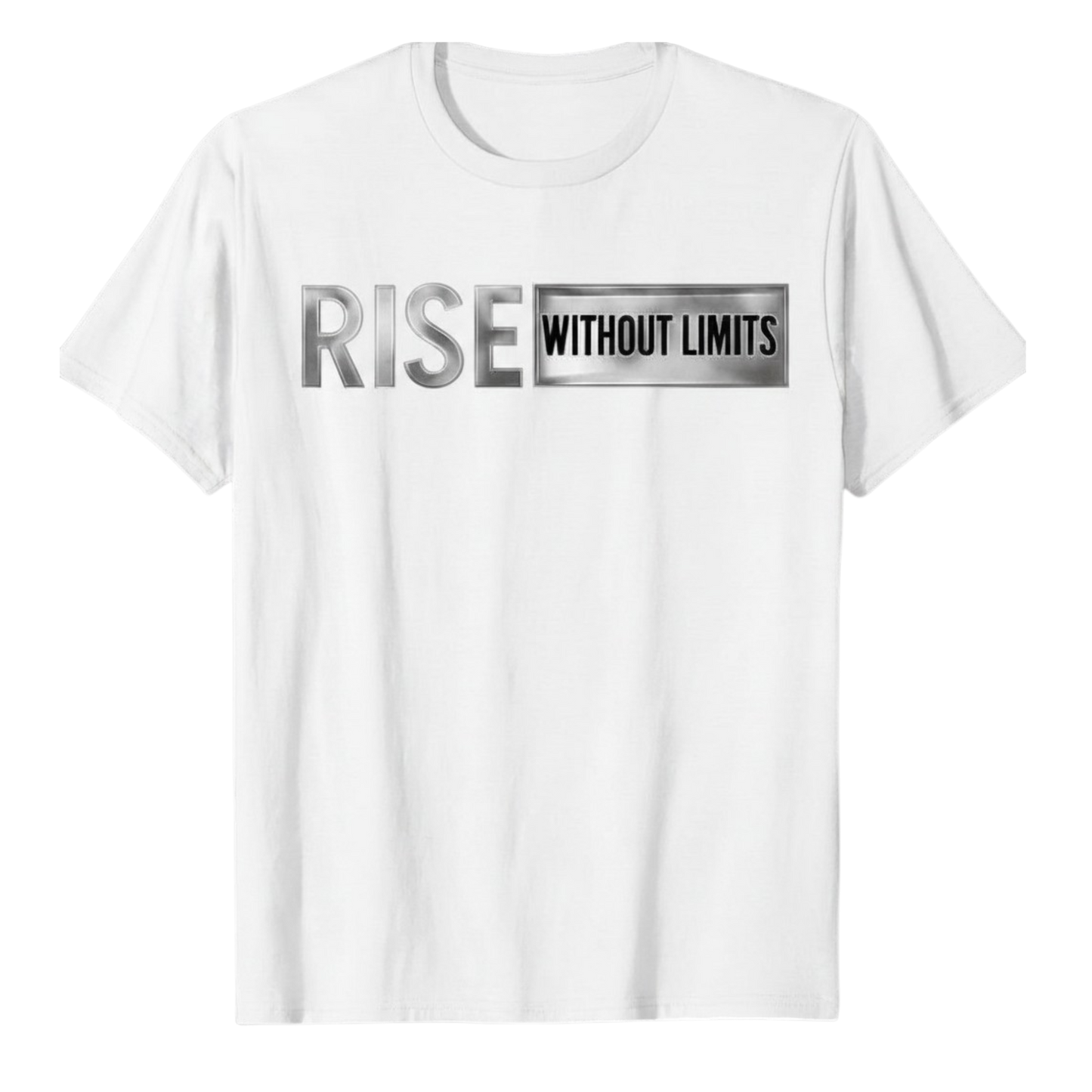 White Steel Rise Tee featuring metallic silver Rise Without Limits typography across the front.