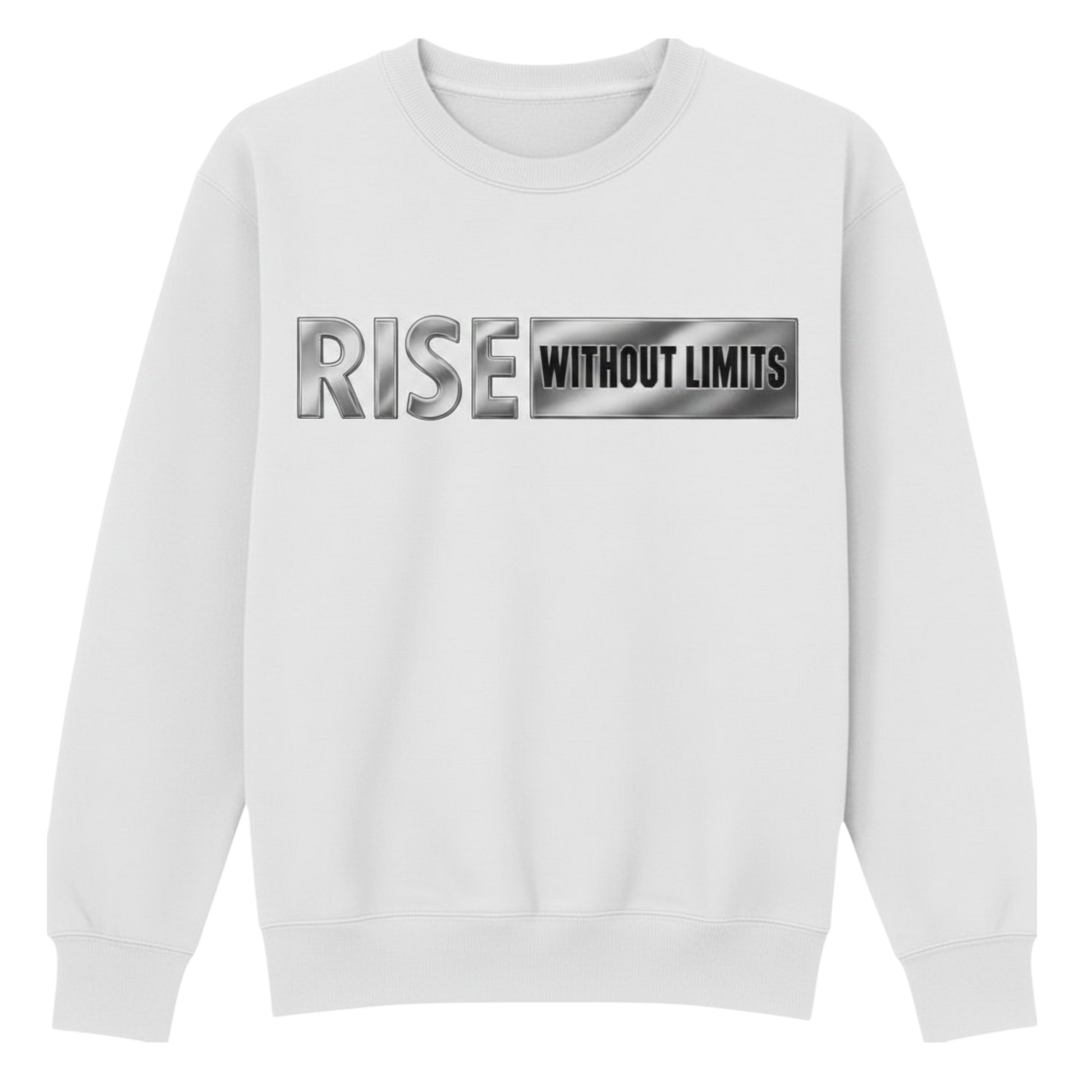 White Steel Rise Crewneck featuring metallic silver Rise Without Limits typography across the front.
