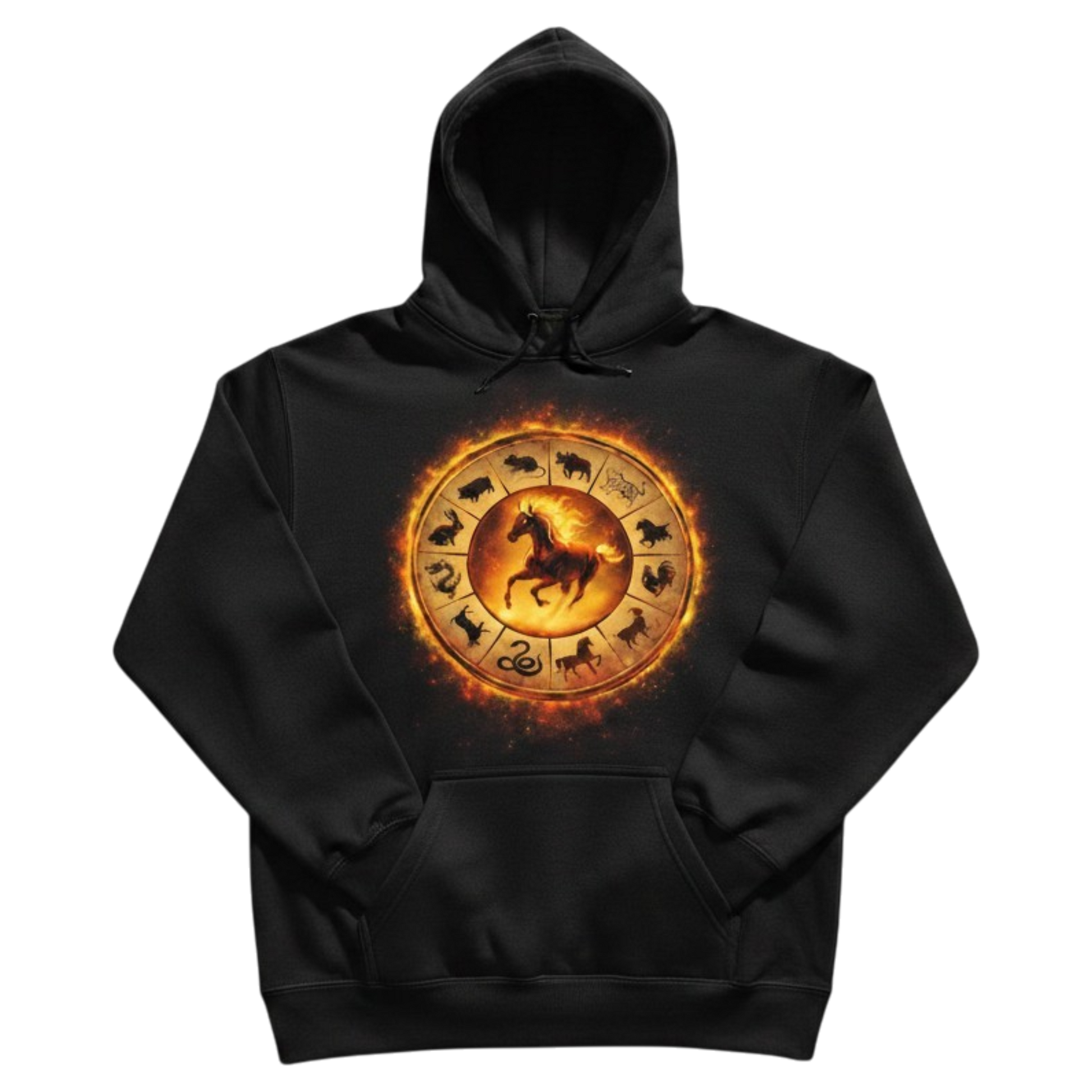 Black Year of the Horse Hoodie featuring a fiery zodiac wheel graphic with a glowing horse centerpiece and flame-inspired rear artwork.