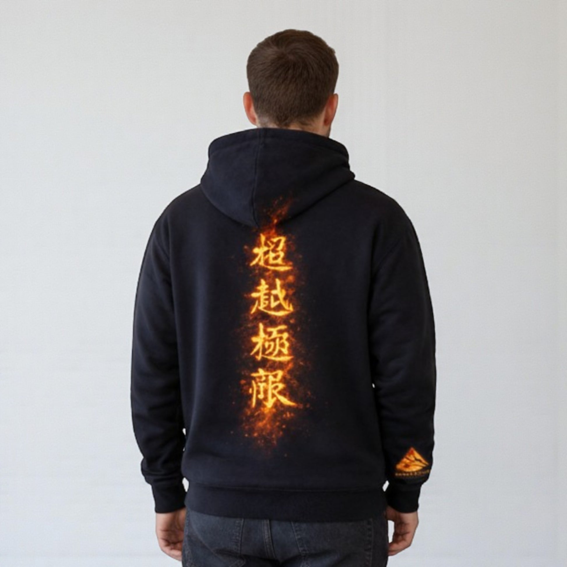 Black Year of the Horse Hoodie featuring a fiery zodiac wheel graphic with a glowing horse centerpiece and flame-inspired rear artwork.
