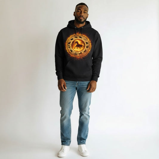 Black Year of the Horse Hoodie featuring a fiery zodiac wheel graphic with a glowing horse centerpiece and flame-inspired rear artwork.