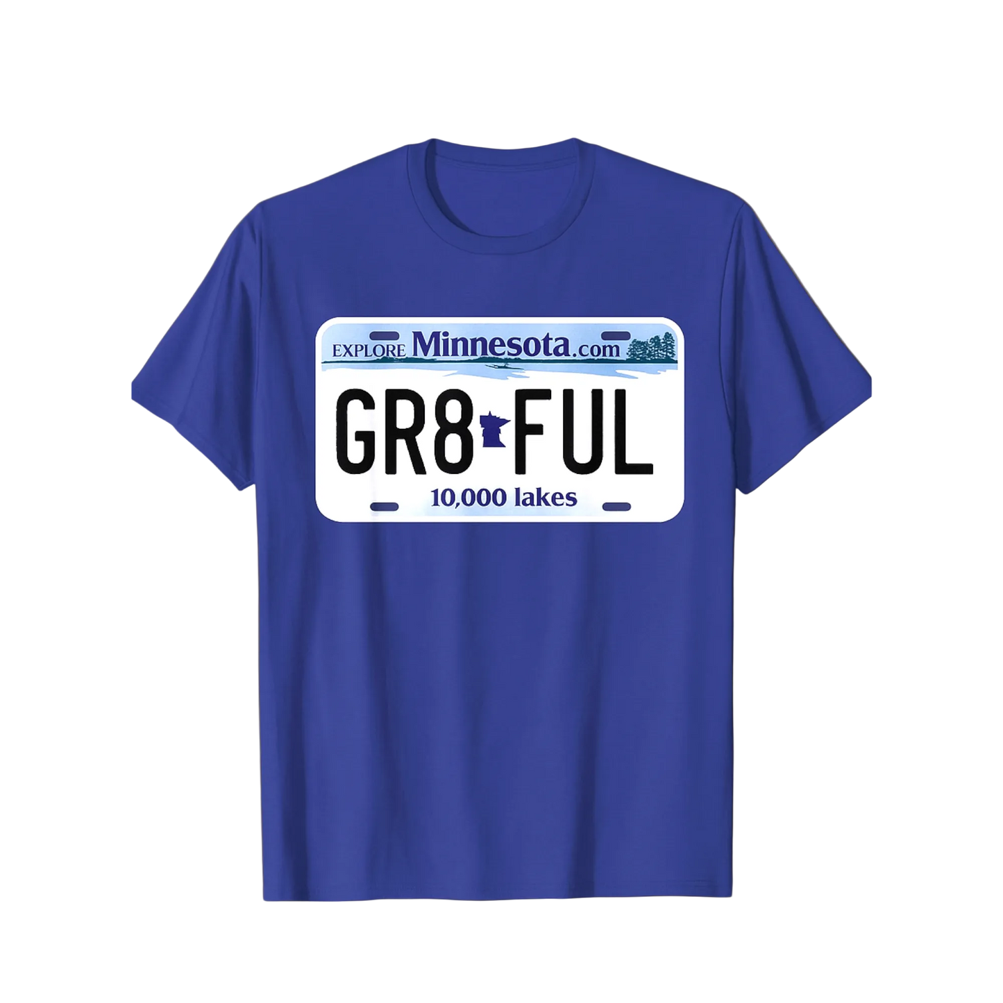 GR8FUL Minnesota license plate style graphic t-shirt inspired by the Land of 10,000 Lakes
