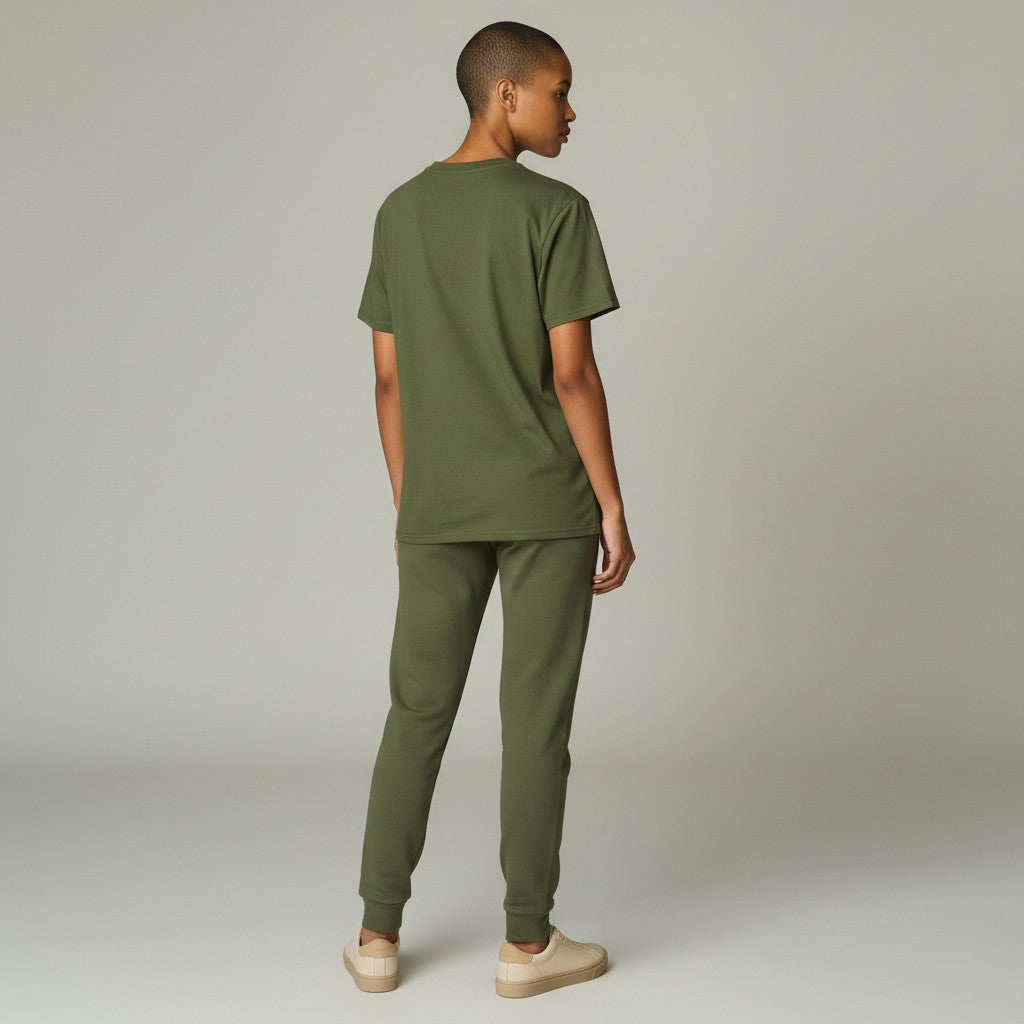 Person wearing the Keep Going Earth Tee from the back which is blank