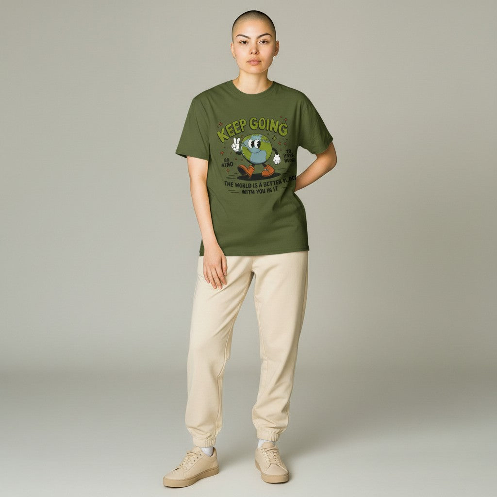 Keep Going motivational graphic t-shirt with smiling Earth character and positive message