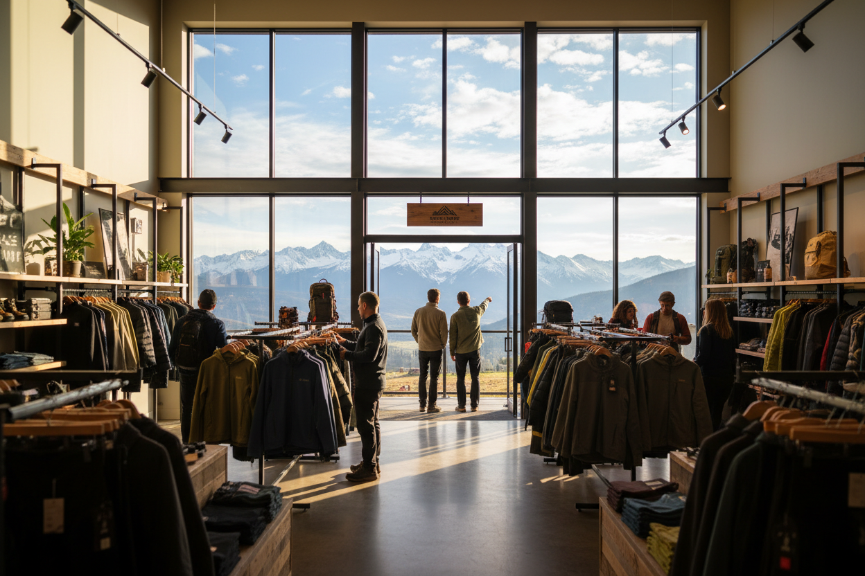 people in an apparel shop looking out the window on a sunny mountainside