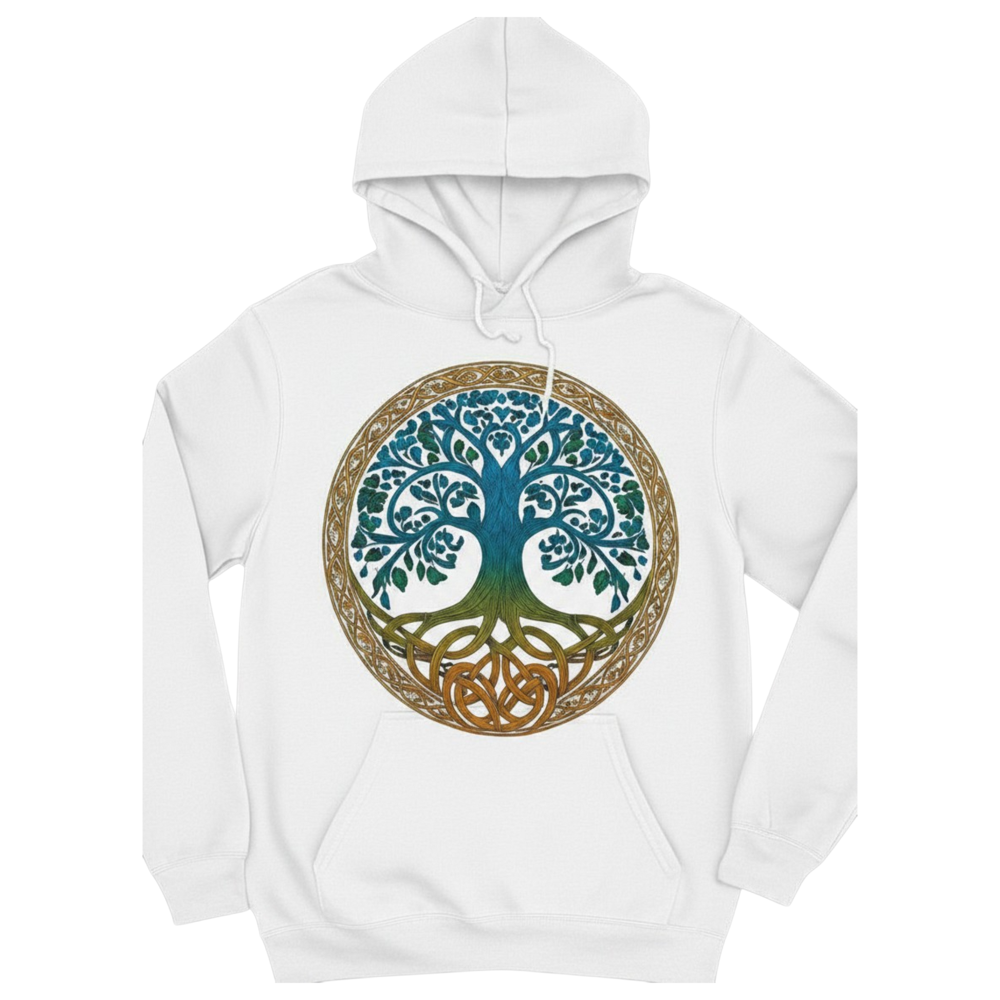 White Tree of Life Hoodie featuring a large blue and gold Celtic-inspired Tree of Life graphic on the front.